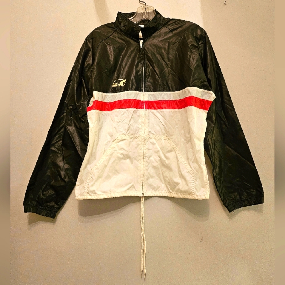 Vintage Black and White Windbreaker with Red Stripe